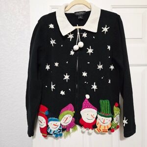 All Points by Reference Point Womens Black Snowman Applique Zip Up Sweater L